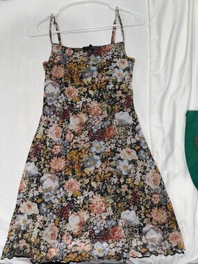 Floral Slip Dress with Lace Trim - Black Multi